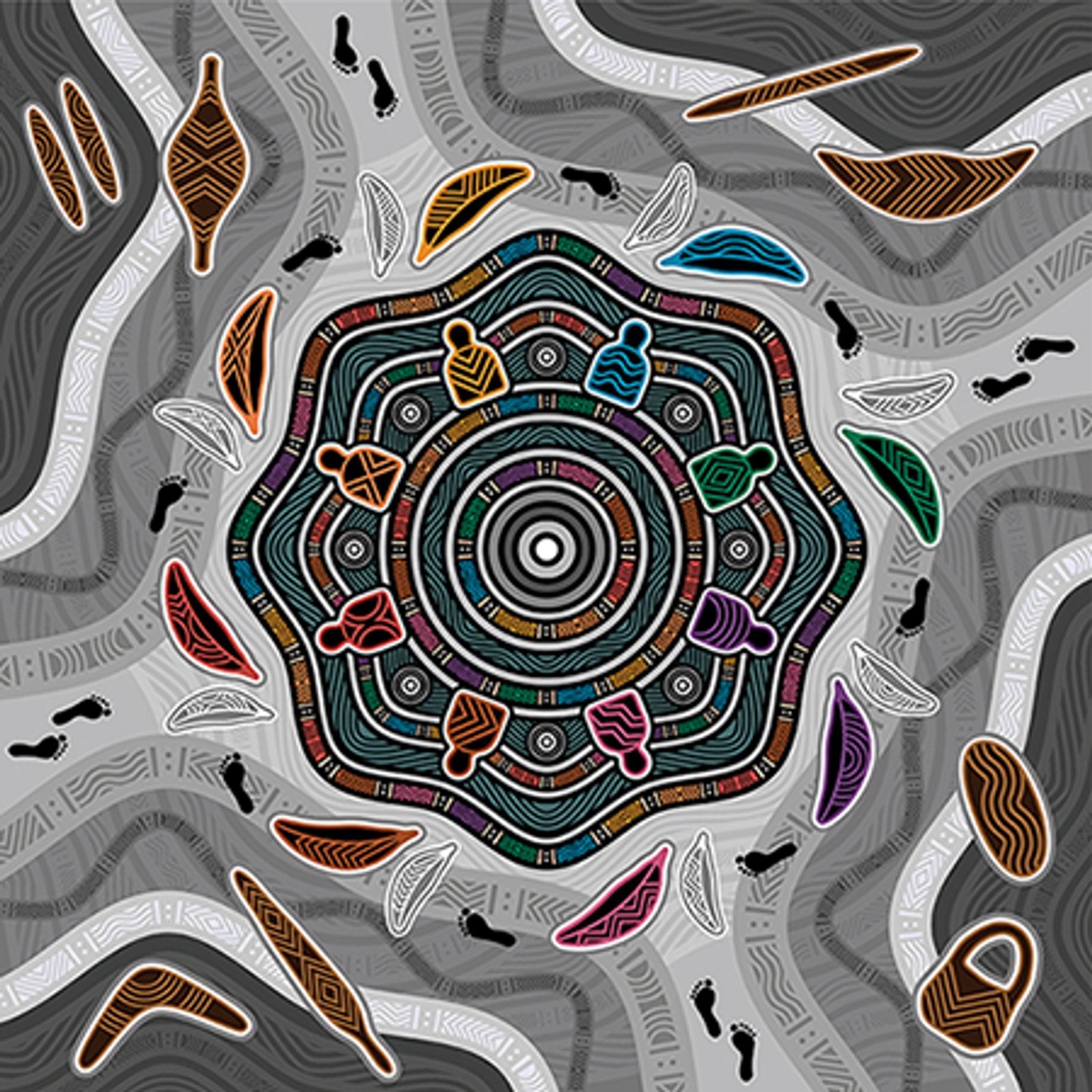 Artwork by an Aboriginal artist. There are coloured lines - pink, orange, green, purple and blue - over a grey background.