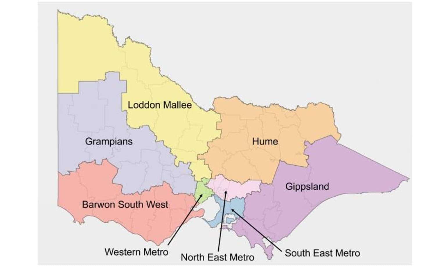 Map of Victoria showing the mental health and wellbeing regions