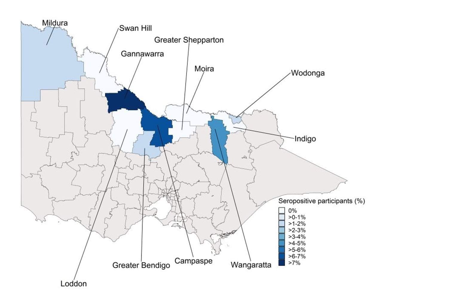 A map showcasing the amount of Serosensitive participants in certain LGA's. Text alternative below