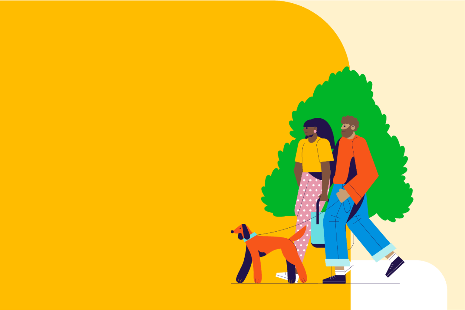 Illustration of a man and a women walking a door