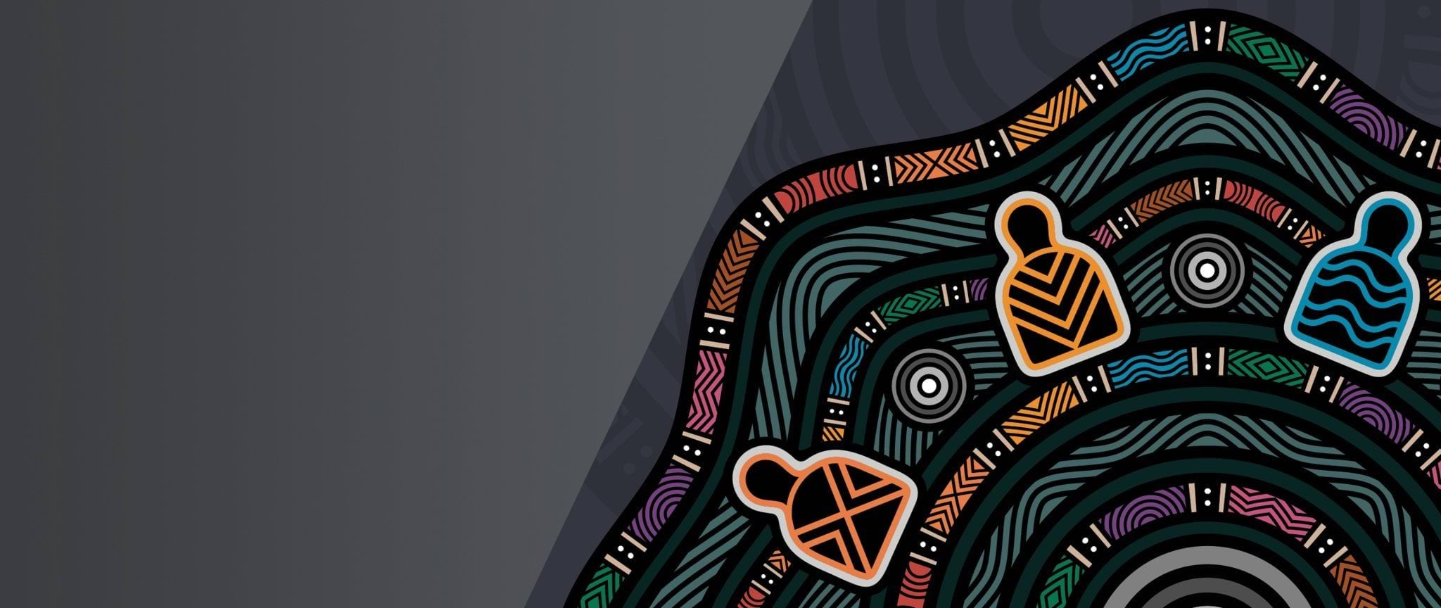 Artwork by an Aboriginal artist. There are coloured lines - pink, orange, green, purple and blue - over a black background.