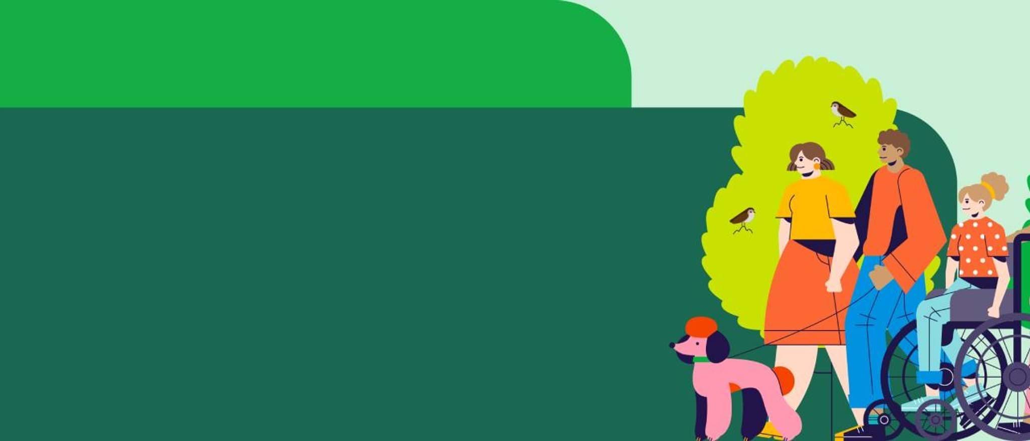 Wellbeing strategy banner An illustrated image of a group of people walking