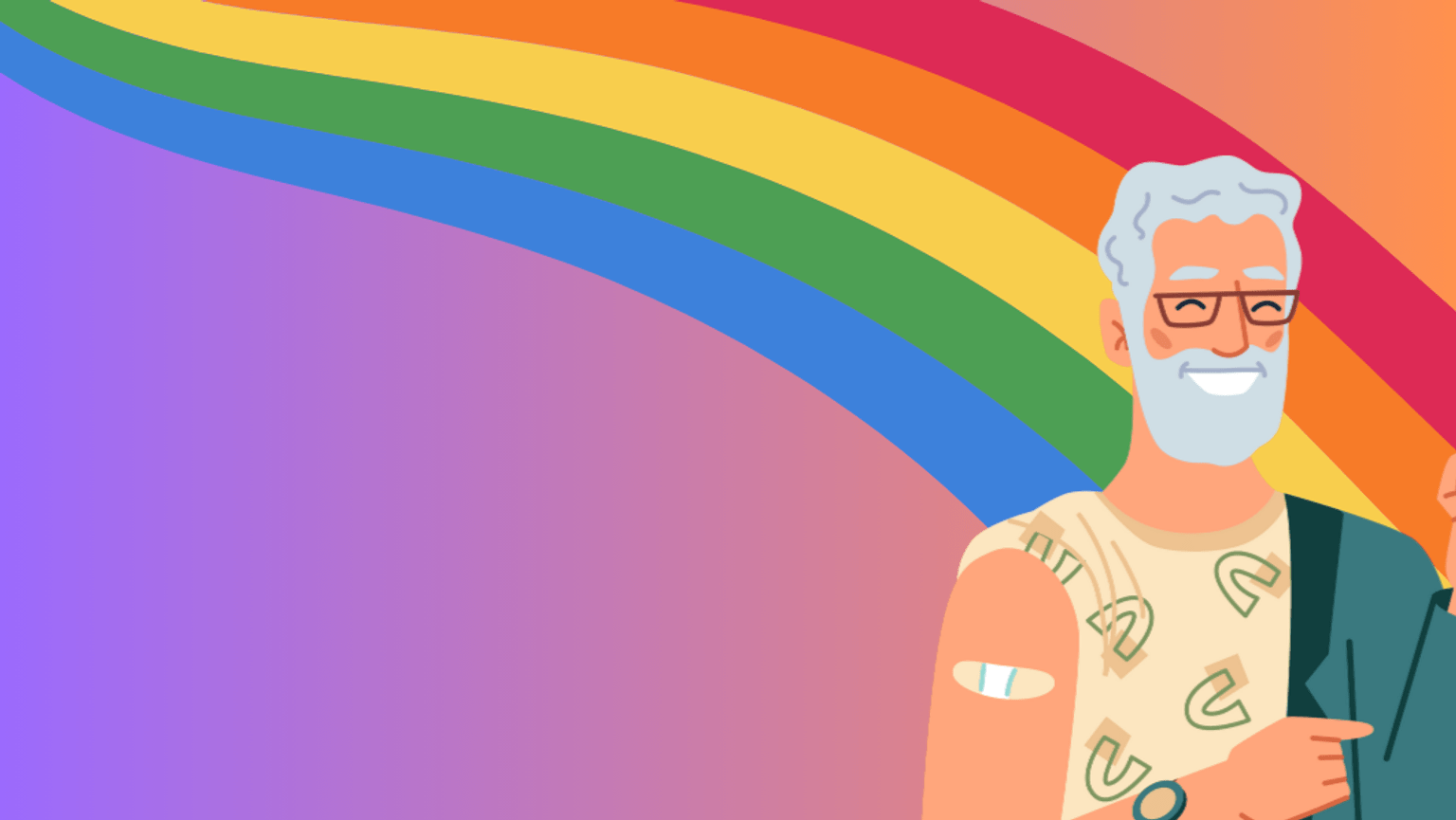 An illustrated depiction of a vaccinated man, the pride rainbow is in the background